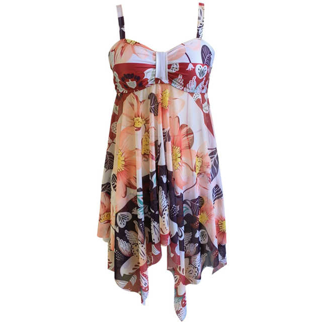 Orange Digital Print Pleated Swimdress Tankini Set TQV610002-14