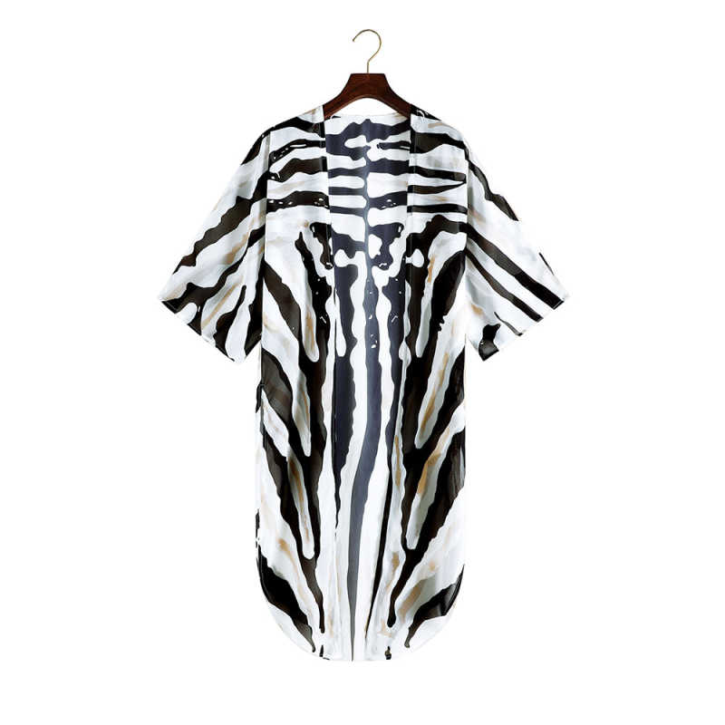 Black White Print Chiffon Kimono Beach Cover Up TQK650082-37