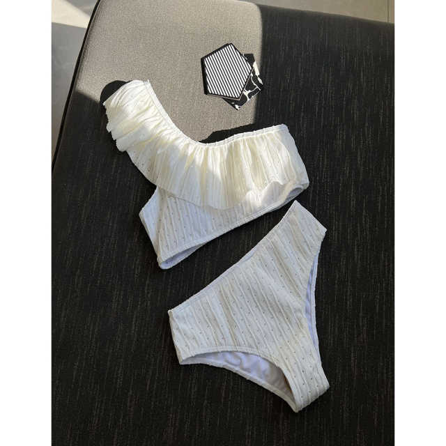White Ribbed Ruffle One-shoulder  Bikini Set TQX610025-1