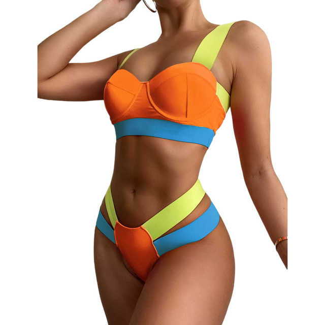 Orange Contrast Steel Boned Bandage Bikini Set TQF610001-14