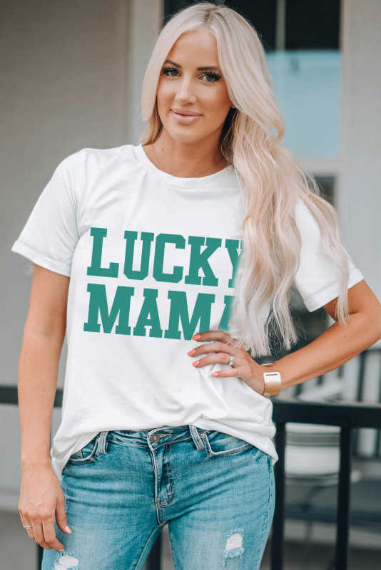 White LUCKY MAMA Letters Print Tee LC25219698-1
