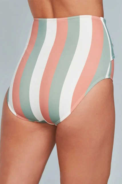 Multicolor Stripes Print Front Tie High Waist Bikini Bottoms LC472107-19