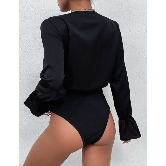 Black V Neck Wrap Long Sleeve Bodysuit TQV220137-2