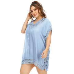 Light Blue V Neck Spliced Beach Cover Up TQK650106-30