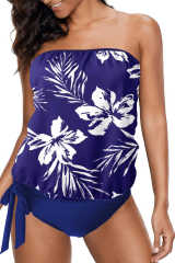 Blue Floral Pattern Strapless Tankini Set LC414353-5