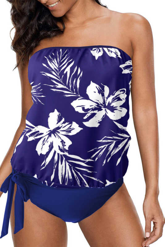 Blue Floral Pattern Strapless Tankini Set LC414353-5