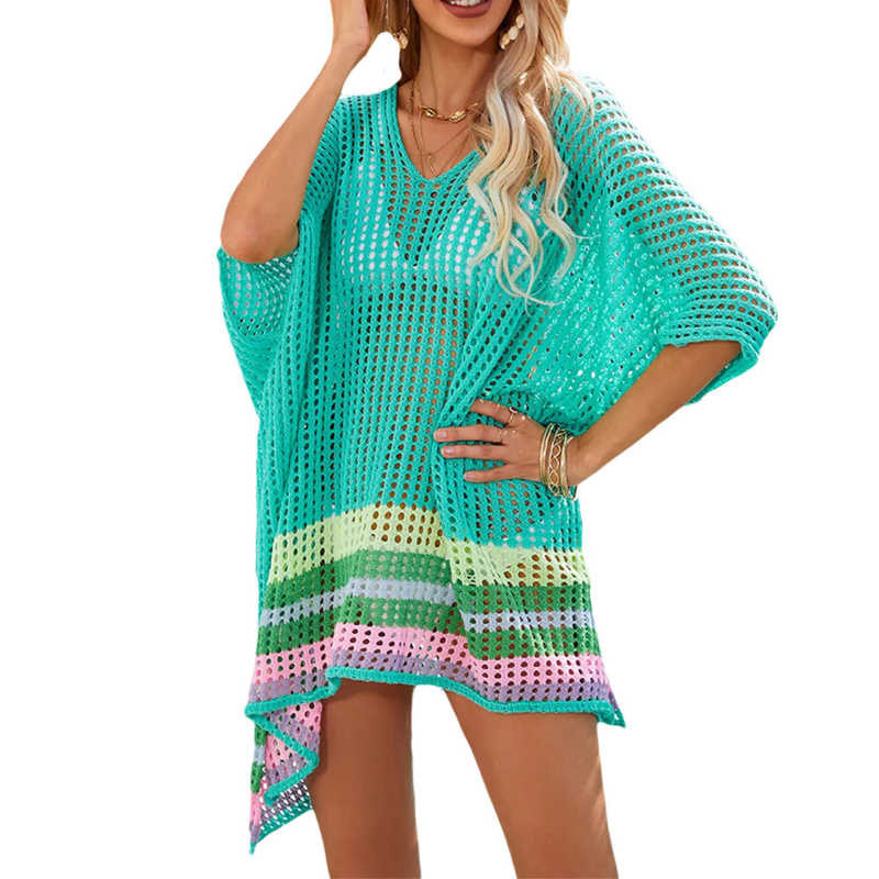 Blue Hollw-out Colorblock Hem V Neck Beach Cover TQX650055-5