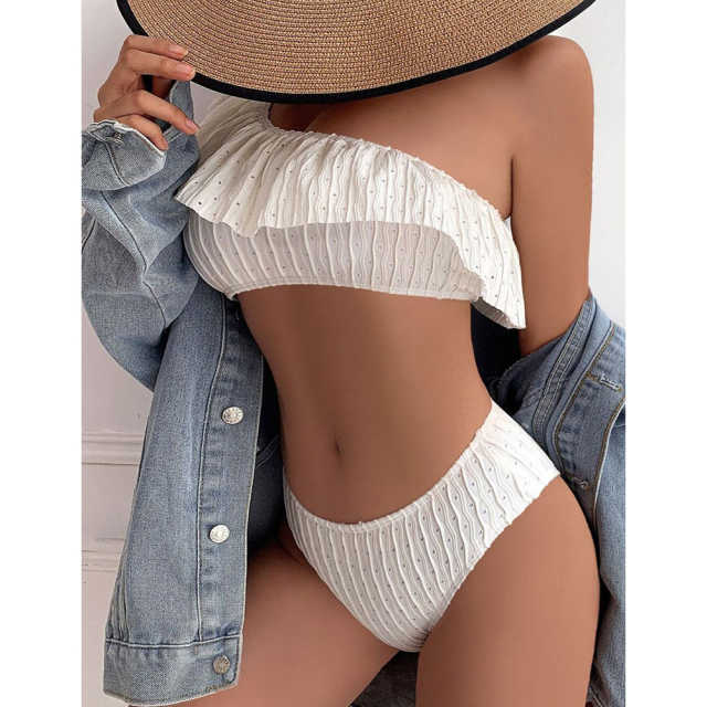 White Ribbed Ruffle One-shoulder  Bikini Set TQX610025-1