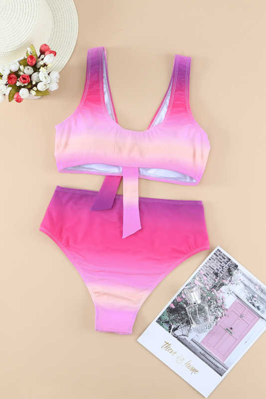 Purple Gradient Color Knotted V Neck Bikini Swimsuit LC433012-8