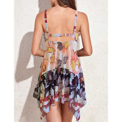 Orange Digital Print Pleated Swimdress Tankini Set TQV610002-14
