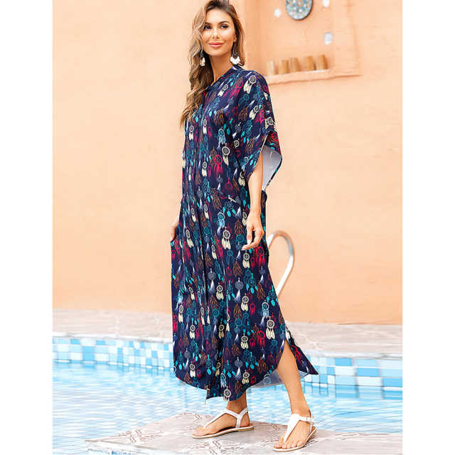 Dark Blue Button-down Holiday Beach Kimono Dress with Pocket TQK650094-16