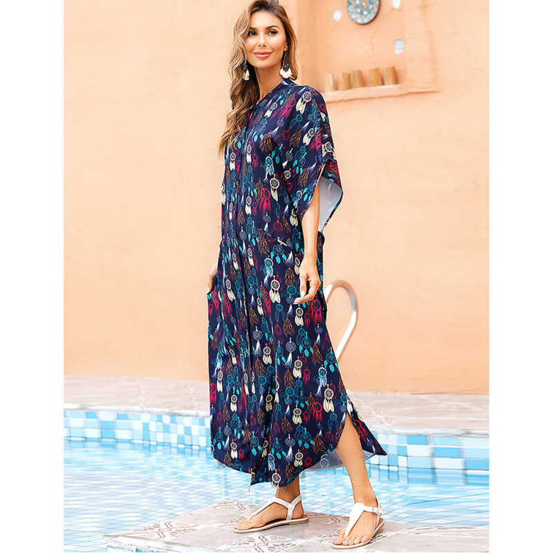Dark Blue Button-down Holiday Beach Kimono Dress with Pocket TQK650094-16