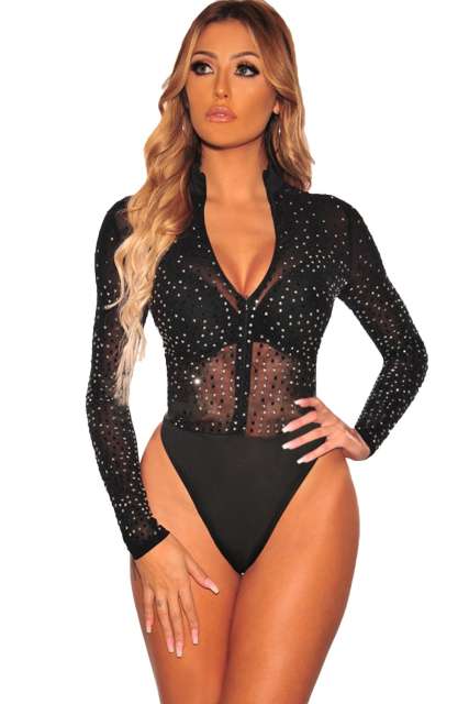 Black Sheer Silver Rhinestone Studded Mock Neck Zipper Bodysuit LC32482-2