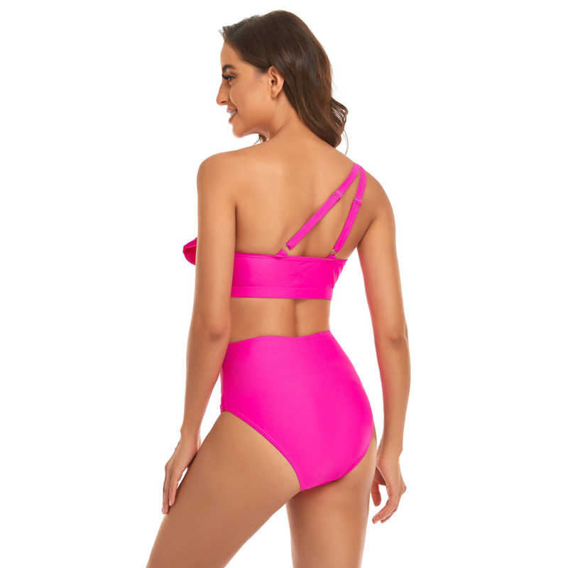 Rosy One Shoulder Ruffle Bikini Swimwear TQK610299-6
