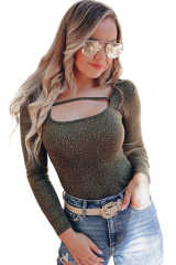 Olive Strappy Hollow-out Scoop Neck Long Sleeve Leopard Bodysuit LC6421125-9