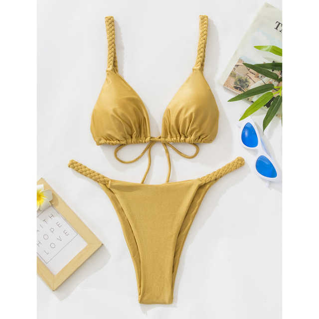 Yellow Braided Rope Triangle Bikini Set TQK610280-7