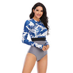 Blue Leaf Print Long Sleeve Surfing Swimsuit TQK620107-5