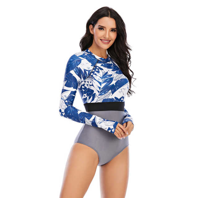 Blue Leaf Print Long Sleeve Surfing Swimsuit TQK620107-5