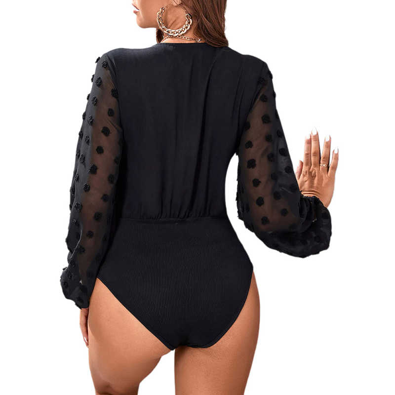 Black V Neck Splicing Swiss Dot Mesh Long Sleeve Bodysuit TQV220115-2