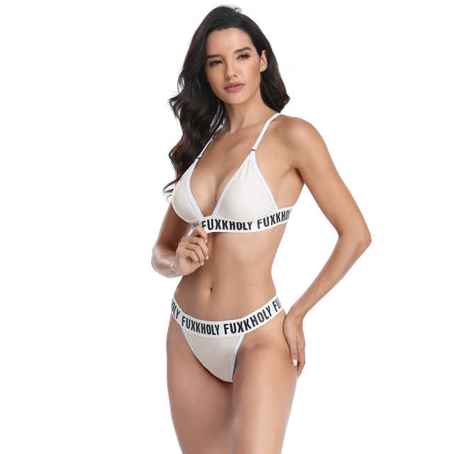 Beige Letters Print Bandage Bikini Set TQK610204-46