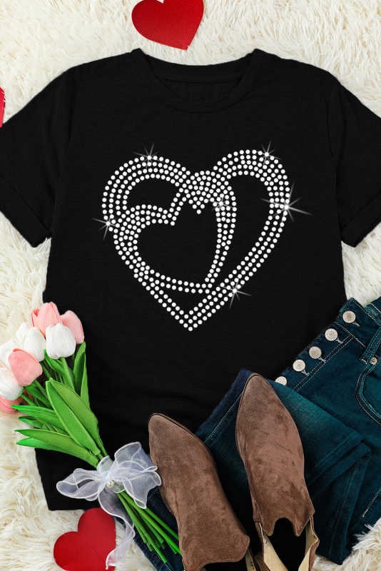 Black Shining Heart Pattern Valentines T Shirt LC25219498-2