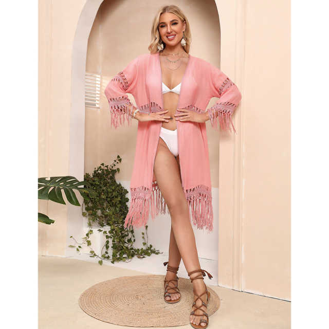 Pink Solid Crochet Splice Tassel Kimono Beach Cover TQK650118-10