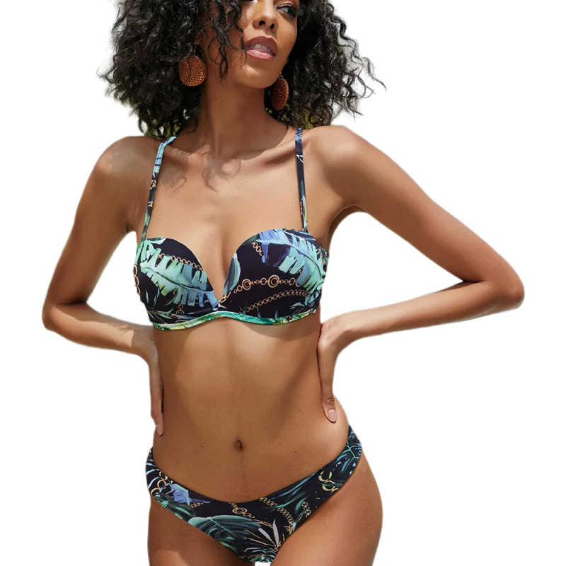 Green Tropical Print Push-up 2pcs Bikini Set TQK610237-9
