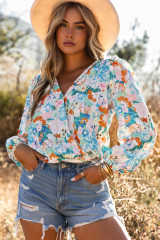 Sky Blue Floral Print Wrap Long Sleeve Bodysuit LC6421132-4