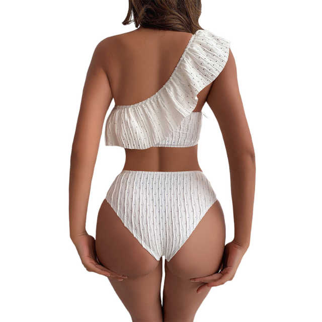 White Ribbed Ruffle One-shoulder  Bikini Set TQX610025-1