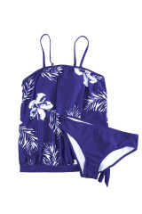 Blue Floral Pattern Strapless Tankini Set LC414353-5