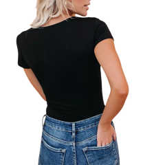 Black Deep V Neck Short Sleeve Bodysuit TQK550252-2
