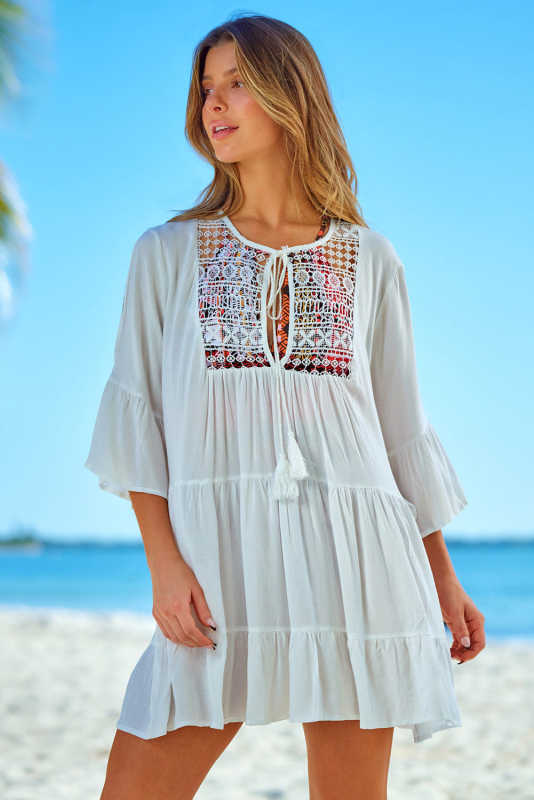 White Lace Panel Tie V Neck Beach Cover-up LC421642-1