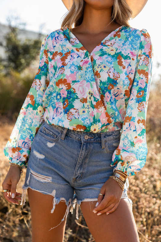 Sky Blue Floral Print Wrap Long Sleeve Bodysuit LC6421132-4