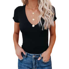 Black Deep V Neck Short Sleeve Bodysuit TQK550252-2