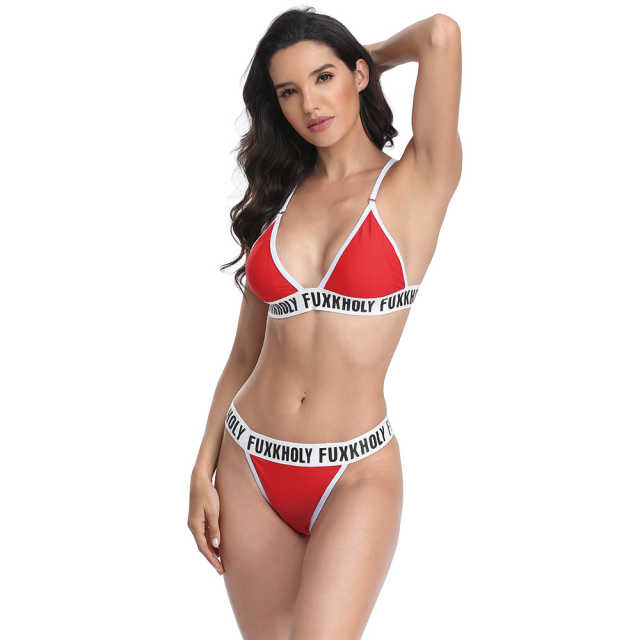 Red Letters Print Bandage Bikini Set TQK610204-3