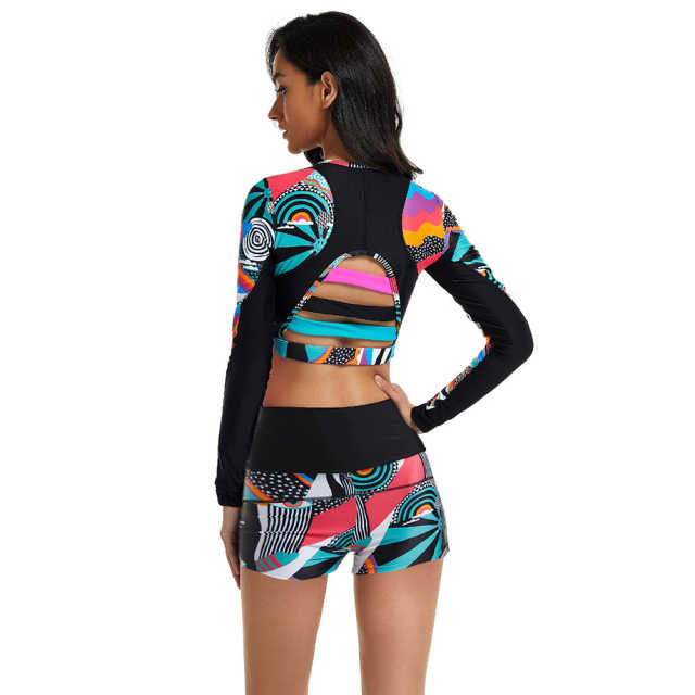 Red Printed Surfing Long Sleeve 2pcs Swimsuit TQK610244-3