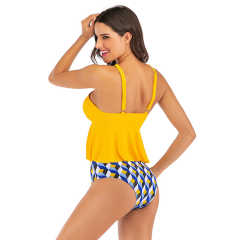 Yellow Geometric Print Bottom Cross Ruffled Tankini Set TQK610148-7
