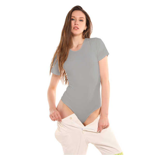 Light Gray Ribbed Round Neck Short Sleeve Bodysuit TQK550248-25