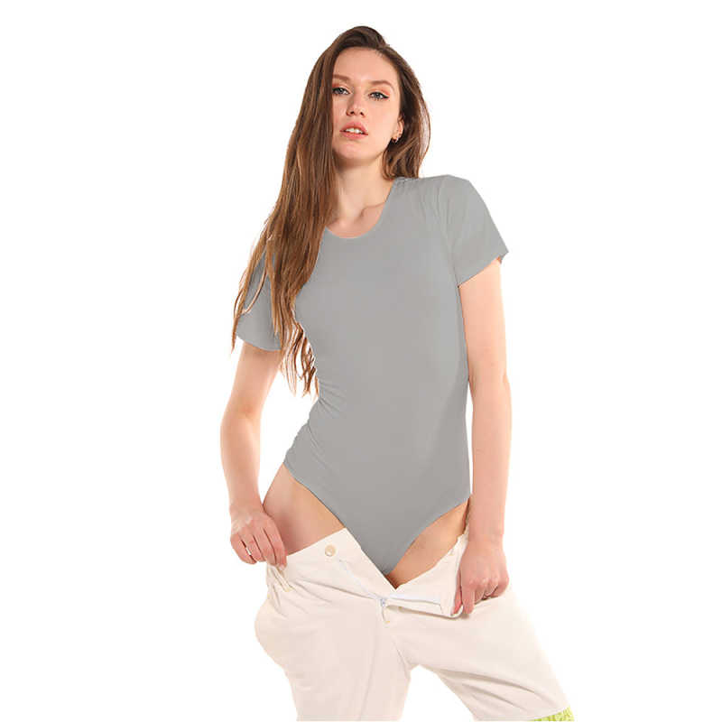 Light Gray Ribbed Round Neck Short Sleeve Bodysuit TQK550248-25