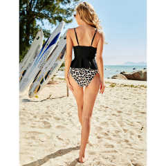 Black Contrast Leopard Ruffle Tankini Swimsuit TQK610318-2