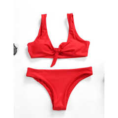 Red Solid Front Tie Bikini Swimwear TQK610307-3