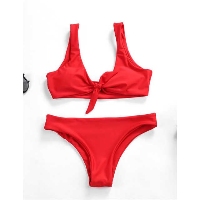 Red Solid Front Tie Bikini Swimwear TQK610307-3