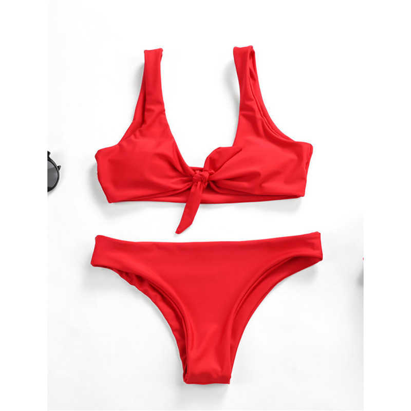 Red Solid Front Tie Bikini Swimwear TQK610307-3