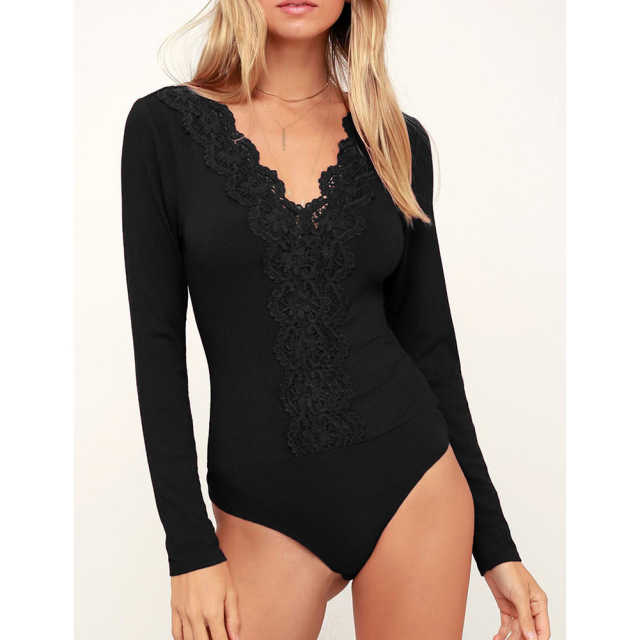 Black Lace V Neck Long Sleeve Bodysuit TQV220109-2