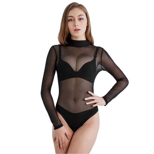 Black Sheer Mesh High Collar Long Sleeve Bodysuit TQK550286-2