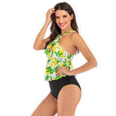 Light Green Floral Print Cross Ruffled  Tankini Set TQK610148-28