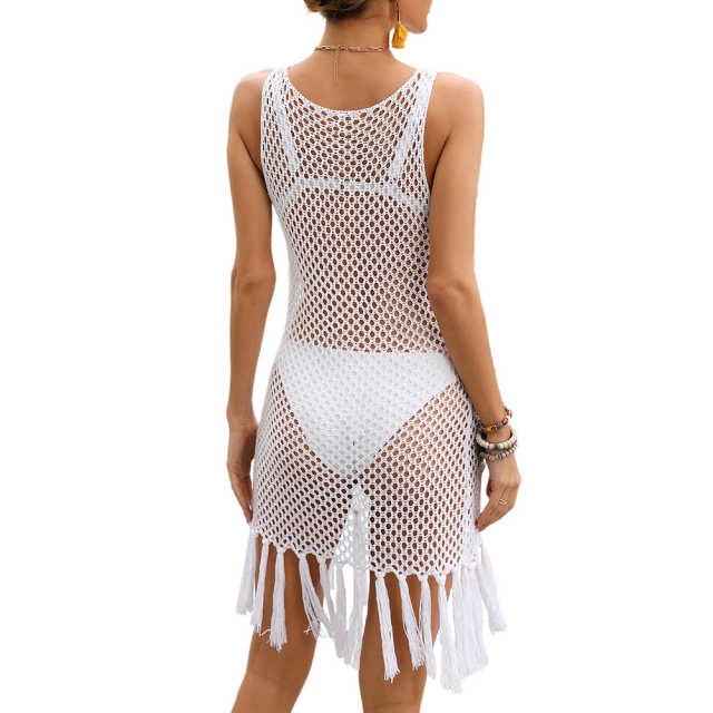 White Tassel Knitted Hollw-out Sleeveless Beach Cover TQK311534-1