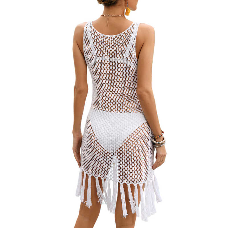 White Tassel Knitted Hollw-out Sleeveless Beach Cover TQK311534-1