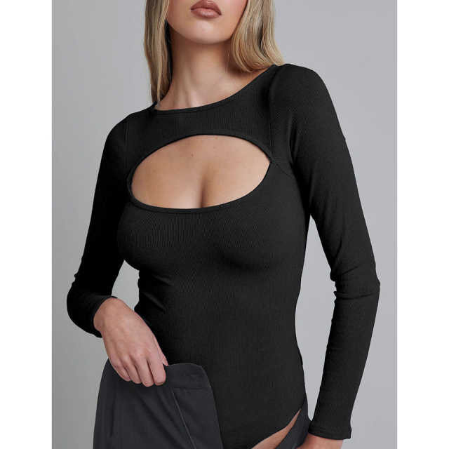 Black Ribbed Cut-out Long Sleeve Bodysuit TQV220110-2