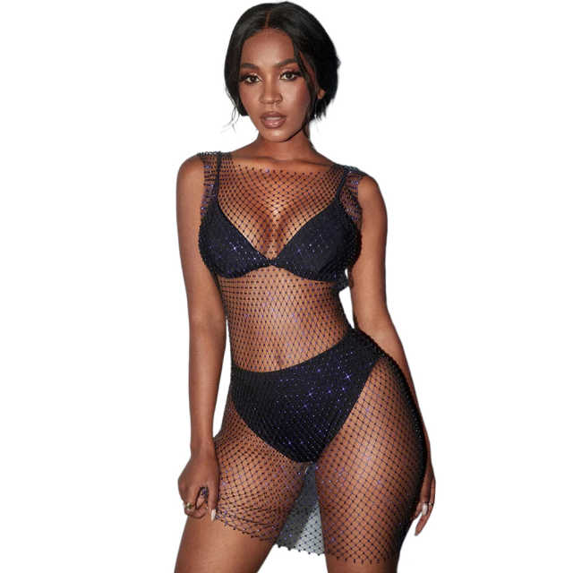 Navy Blue Rhinestone Fishnet Mesh Hollow-out Swimwear Beach Cover Dress TQK310732-34